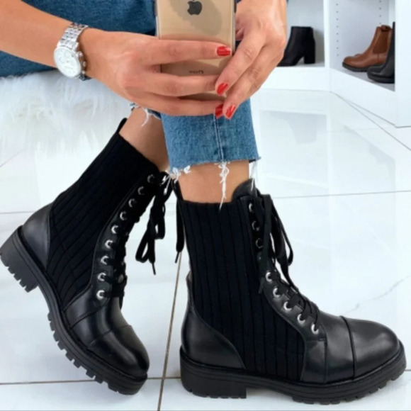 Zara Low Heeled Contrasting Moto Combat Lace Up Ankle Biker Boots Black Size 41. - Picture 2 of 16
